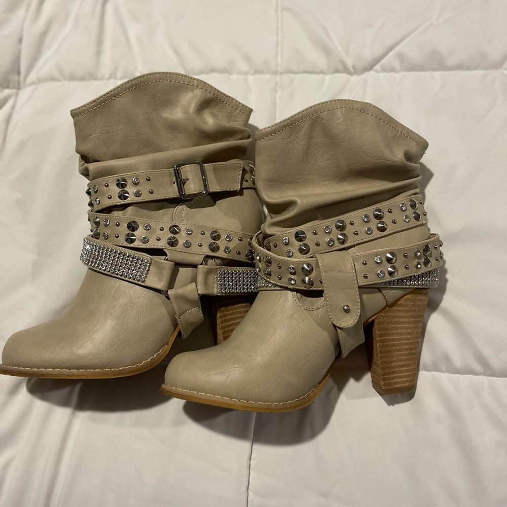 Beige high heel booties